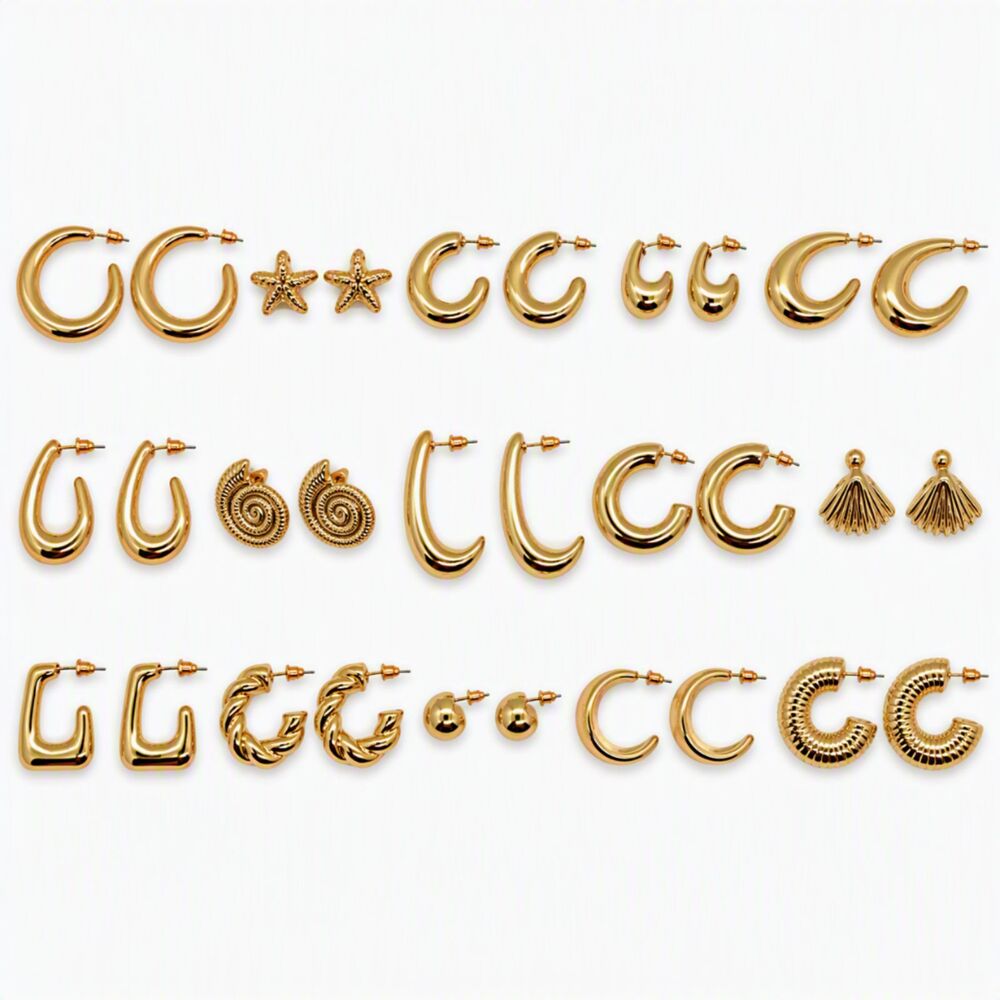 16 Pairs Chunky Gold Tone Fashion Hoop & Stud Earrings Jewelry Set Coastal Beach